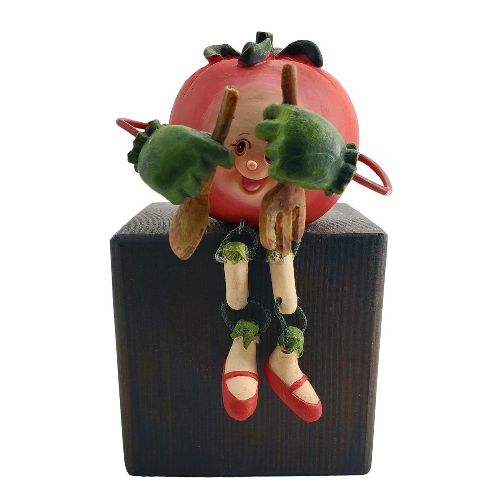 Anthropromorphic Shelf Sitter Red Tomato w/Wooden Spoon & Fork Resin & Metal VTG
